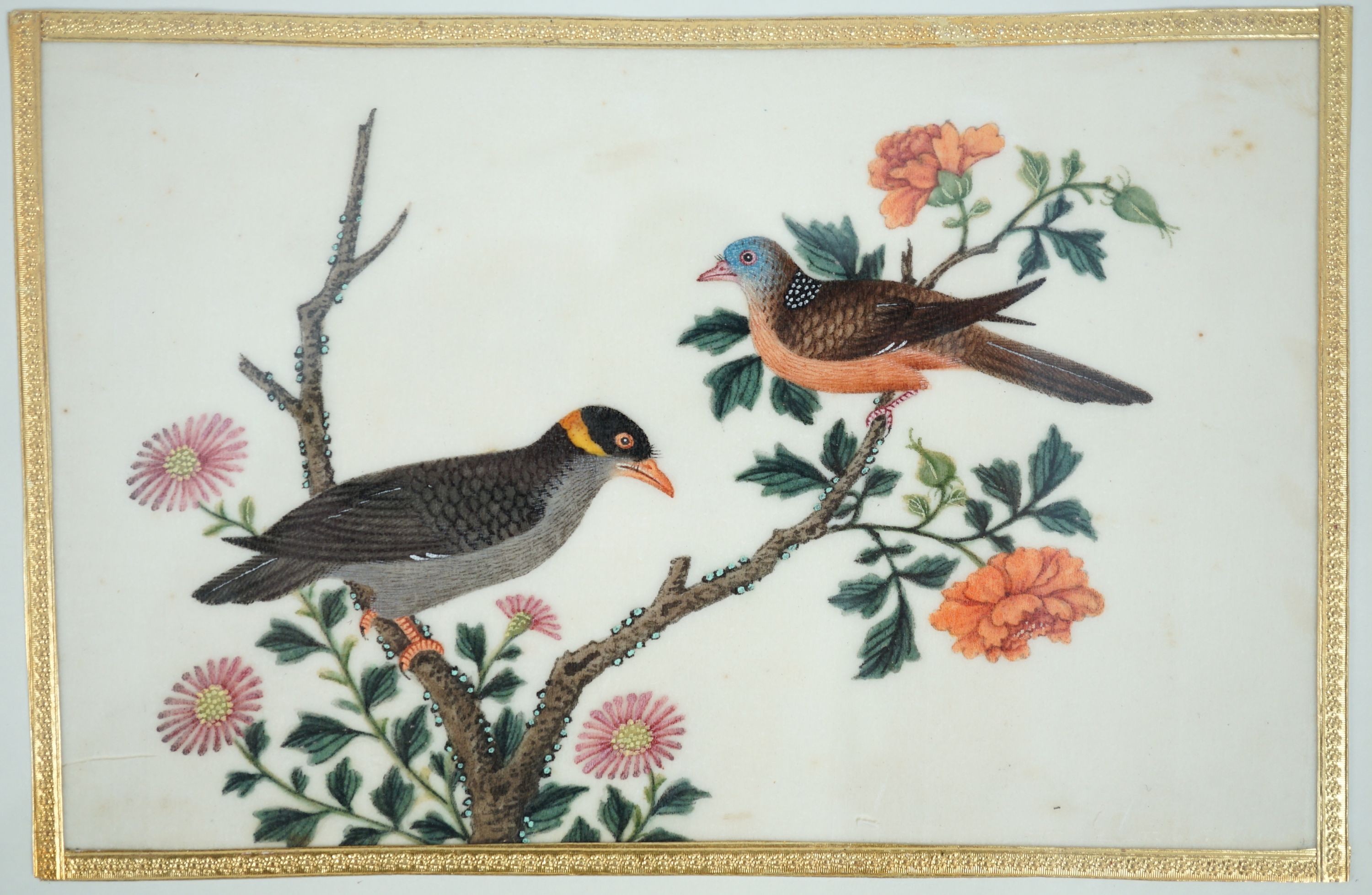 A set of 16 Chinese pith paintings of birds and flowers, mid 19th century, Largest Image 12cm x 18cm